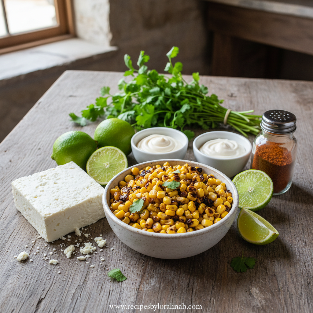 Authentic Mexican Esquites Corn Salad - Creamy Street Corn with Chili Lime 2 Fresh ingredients for Mexican corn salad including corn, lime, cilantro and cotija cheese