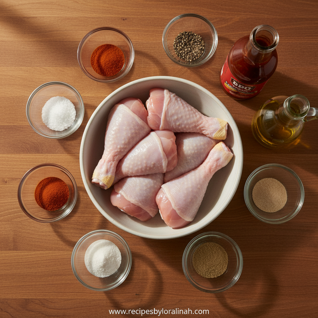 Oven Baked BBQ Chicken Legs - Crispy Barbecue Drumsticks with Simple Spice Rub 2 Ingredients for BBQ chicken legs including spices, chicken, and barbecue sauce