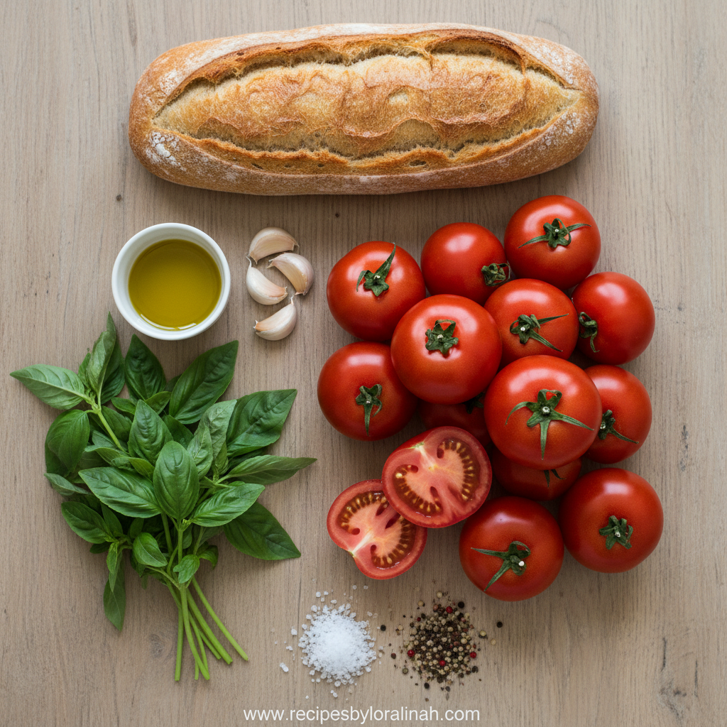 Fresh ingredients for bruschetta: tomatoes, basil, garlic, and bread