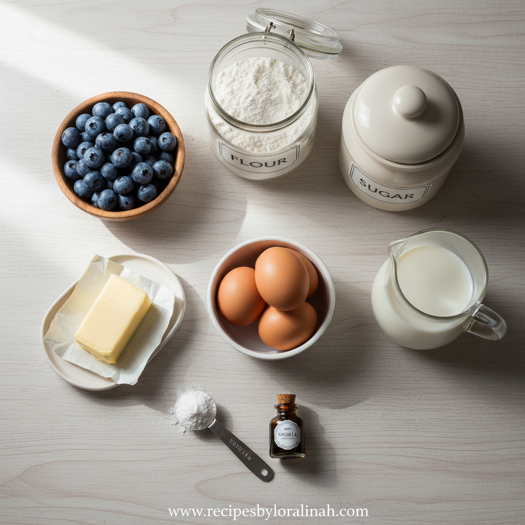Ingredients for blueberry muffins laid out on a countertop
