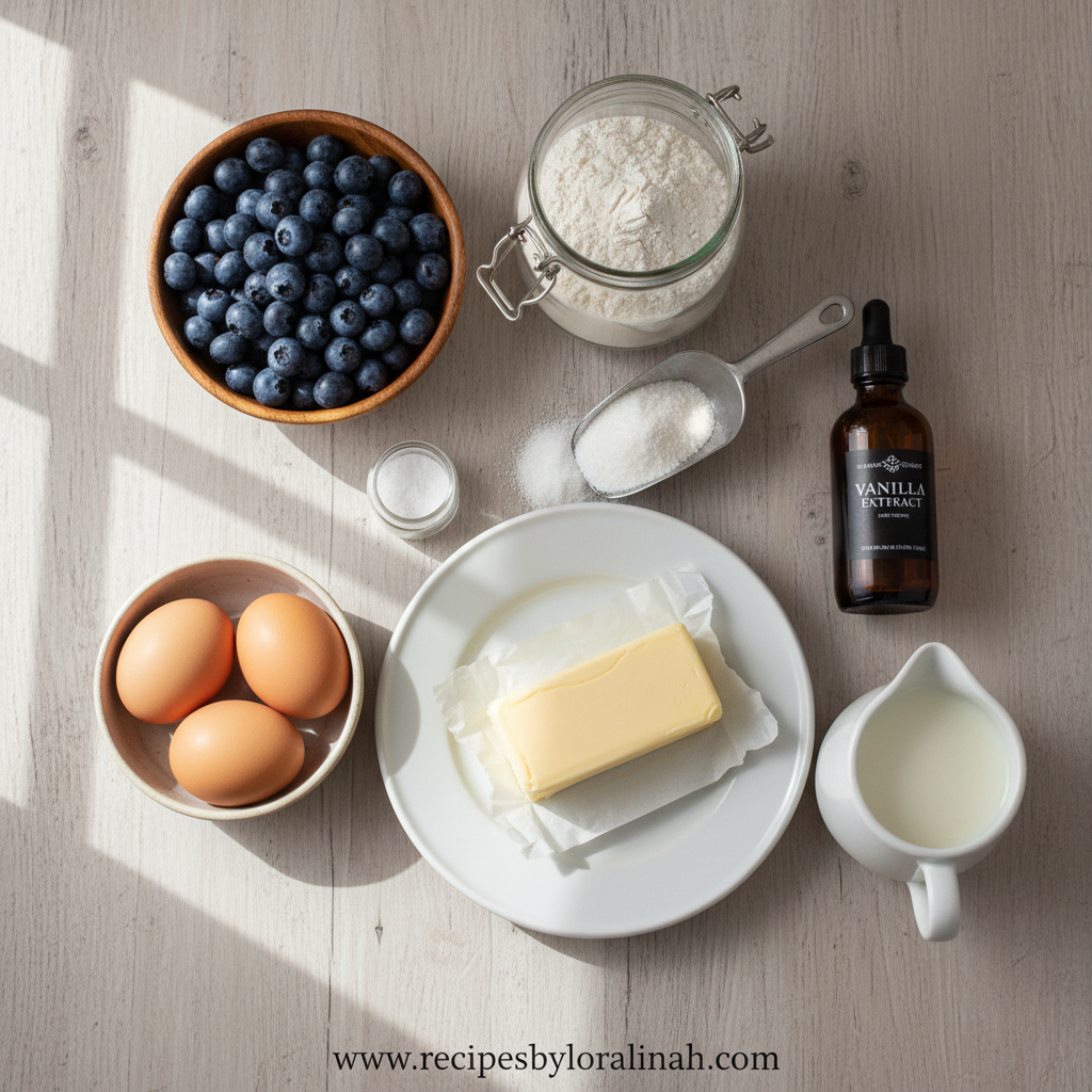 Ingredients for blueberry muffins laid out on a counter